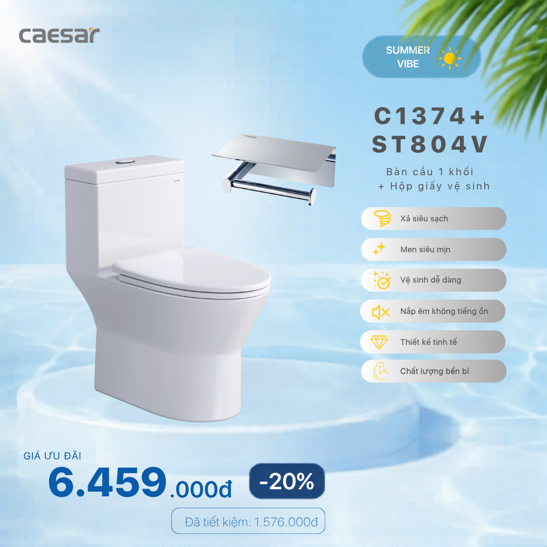  Khuyến mãi ưu đãi - Bàn Cầu Một Khối + Hộp giấy vệ sinh - C1374 + ST804V 