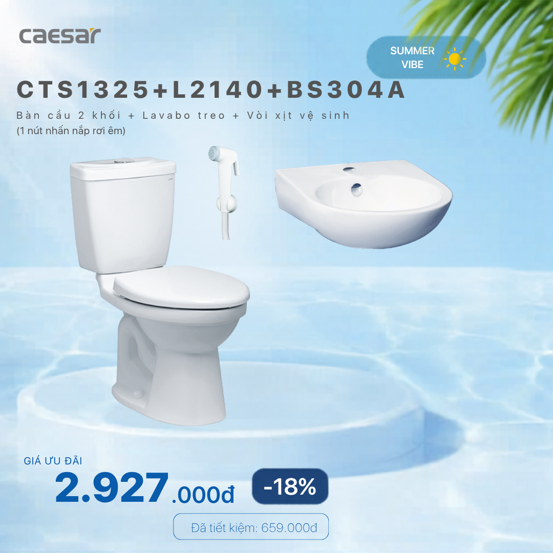  Khuyến mãi combo - Bàn Cầu 2 Khối + Lavabo Treo Tường + Vòi Xịt Nhựa - CTS1325 + L2140 + BS304A 