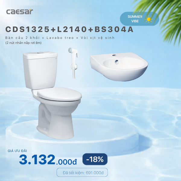  Khuyến mãi combo - Bàn Cầu 2 Khối + Lavabo Treo Tường +  Vòi Xịt Nhựa - CDS1325 + L2140 + BS304A 