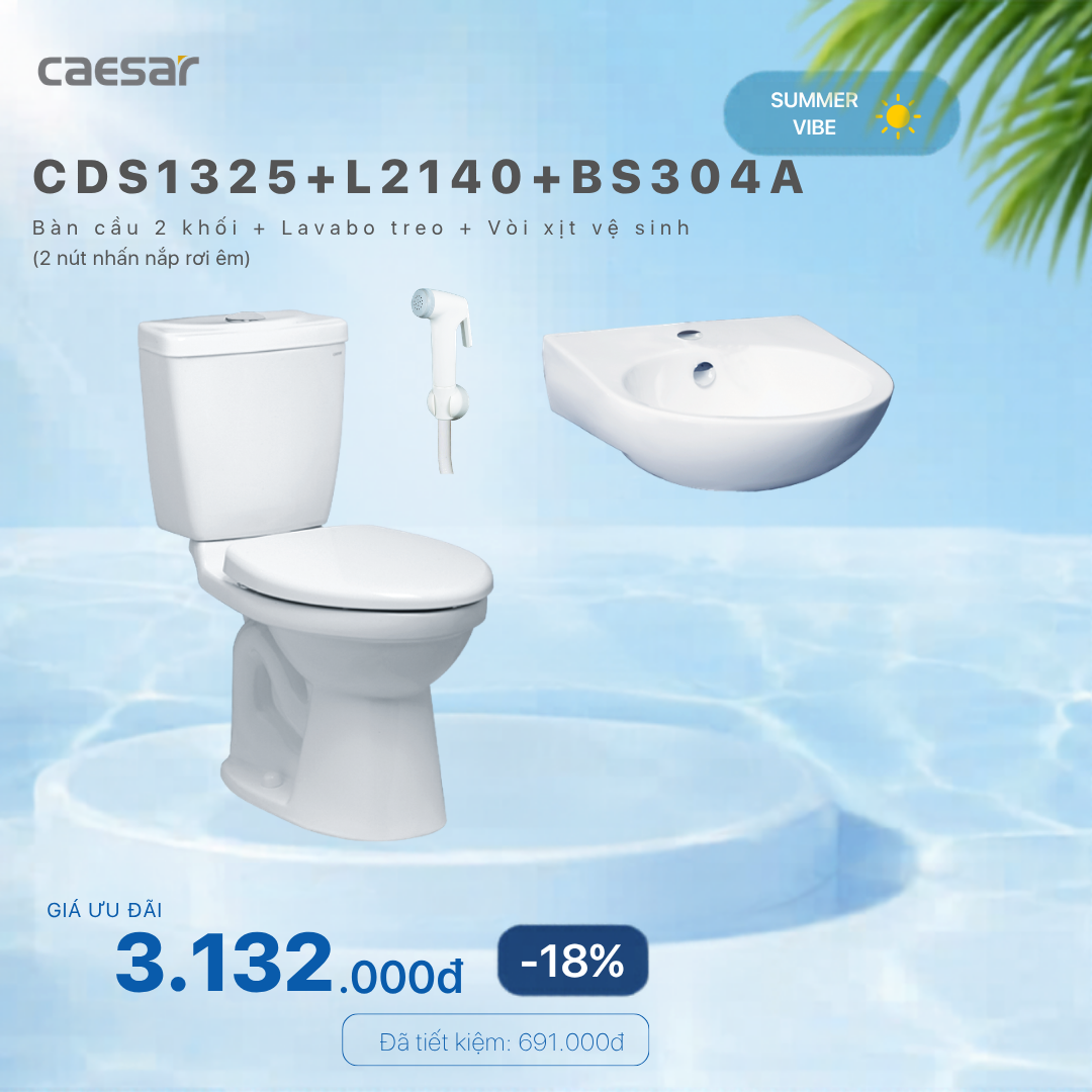  Khuyến mãi combo - Bàn Cầu 2 Khối + Lavabo Treo Tường +  Vòi Xịt Nhựa - CDS1325 + L2140 + BS304A 