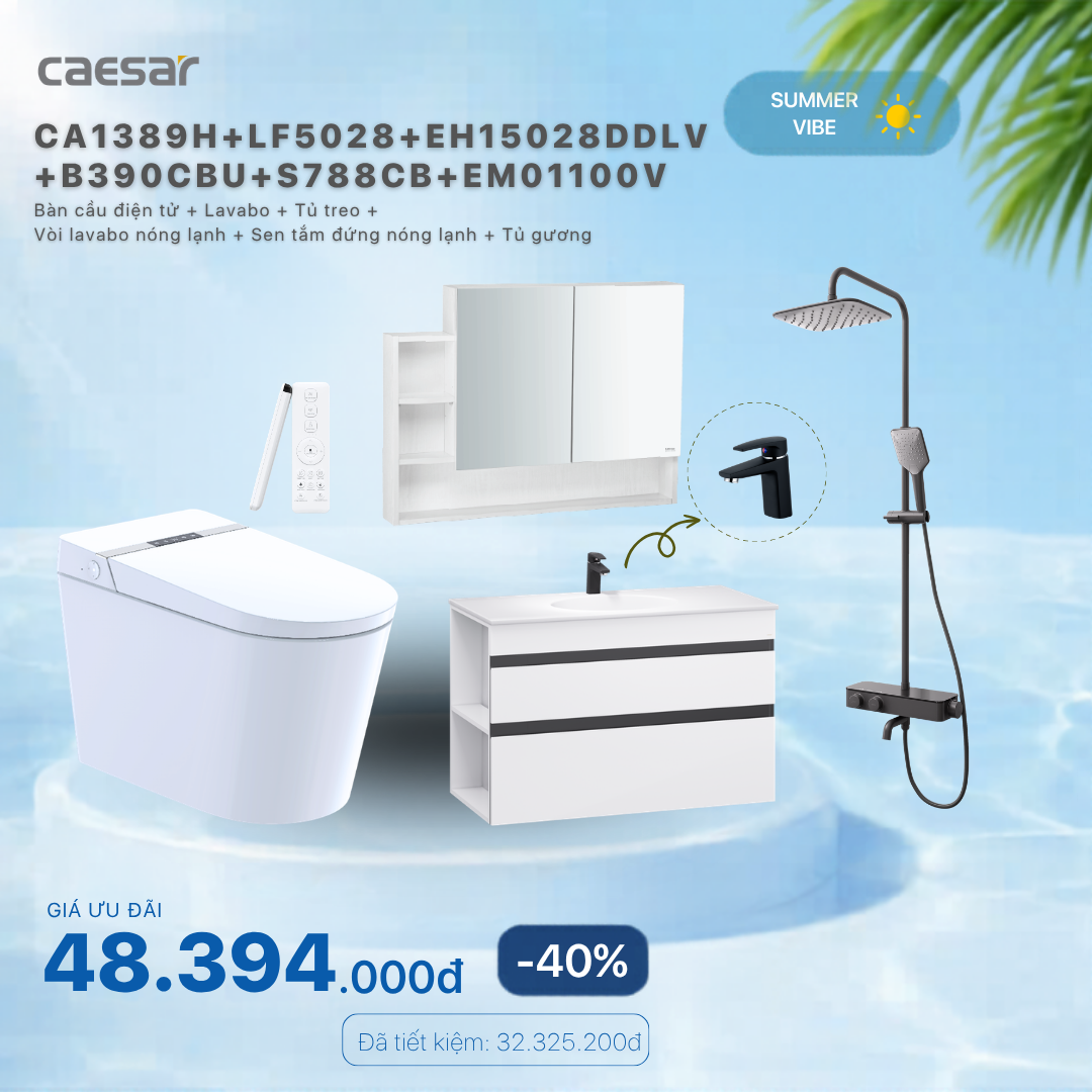  Khuyến mãi ưu đãi - Bàn cầu  + lavabo + tủ treo + Vòi Nóng Lạnh + Sen Tắm  + Tủ Gương - CA1389H + LF5028 + EH15028DDLV + B390CBU + S788CB + EM01100V 