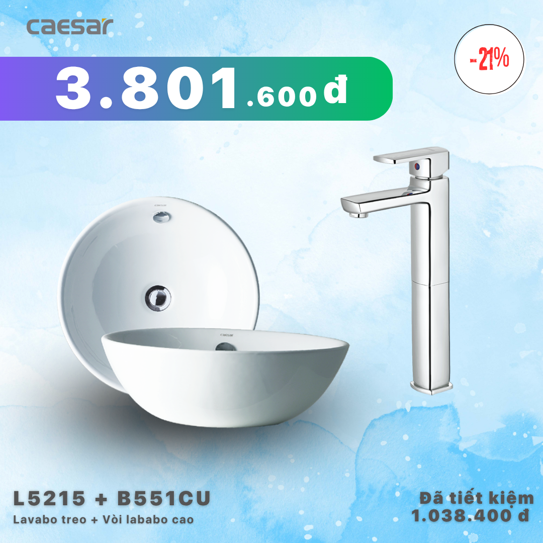  Khuyến mãi ưu đãi - Lavabo treo kết hợp Vòi lavabo cao - L5215 + B551CU 