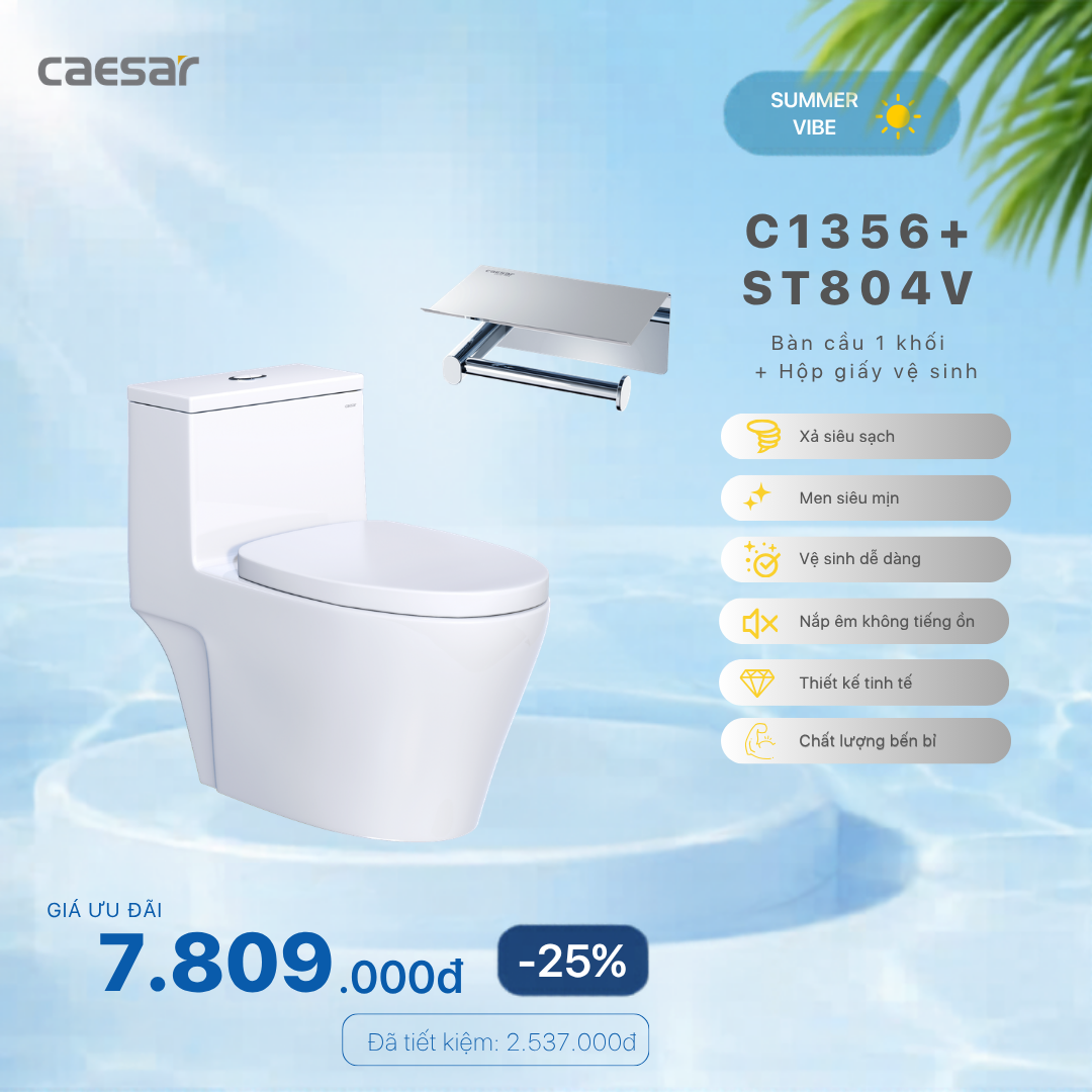  Khuyến mãi ưu đãi Bàn Cầu Một Khối + Hộp đựng giấy vệ sinh  - C1356 + ST804V 