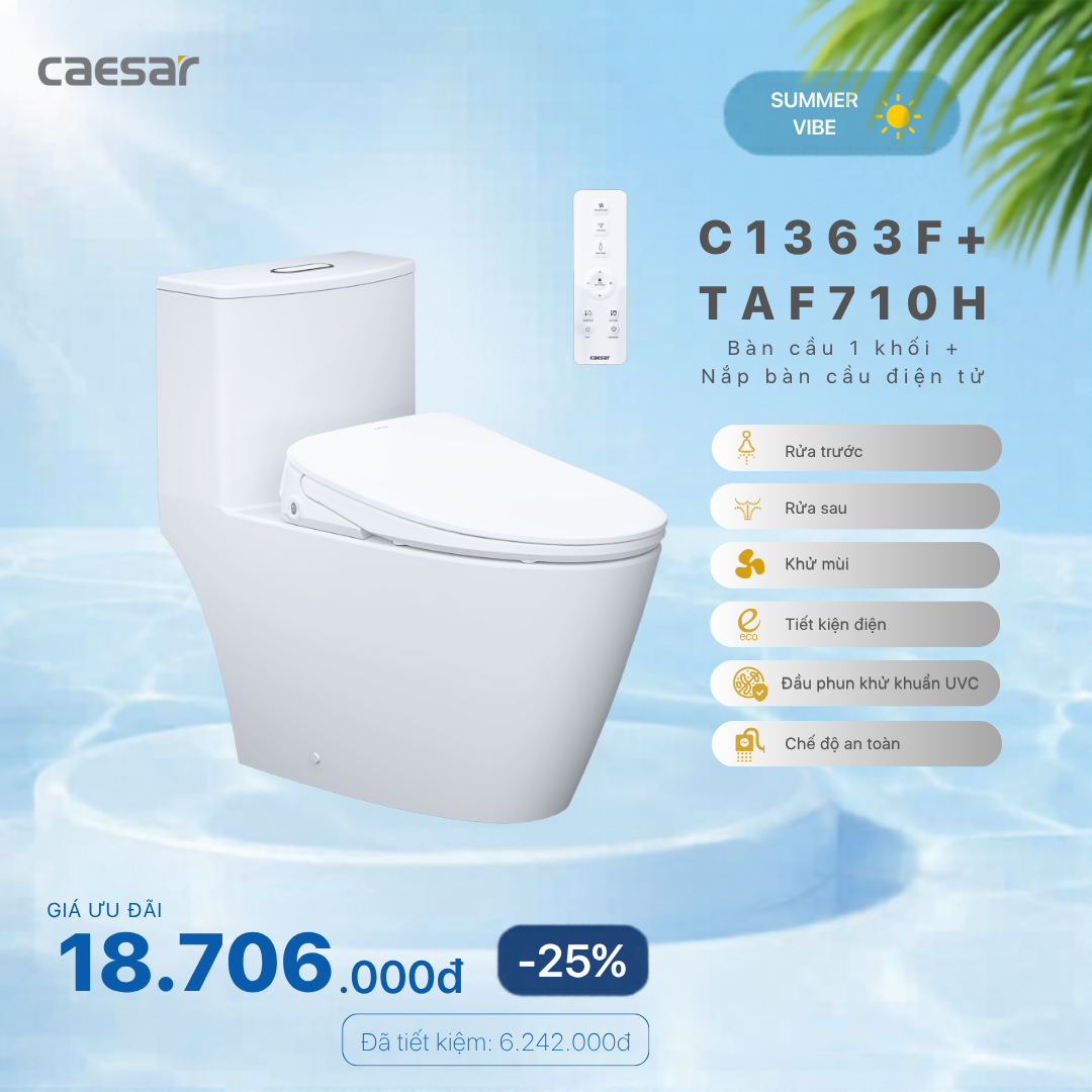  Khuyến mãi ưu đãi - Bàn Cầu một khối + Nắp điện tử - C1363F + TAF710H 