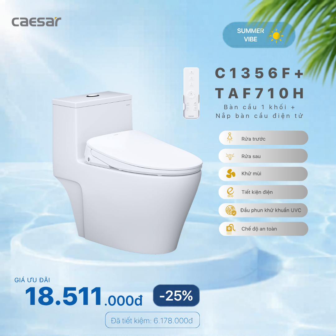  Khuyến mãi ưu đãi - Bàn Cầu một khối + Nắp điện tử - C1356F + TAF710H 