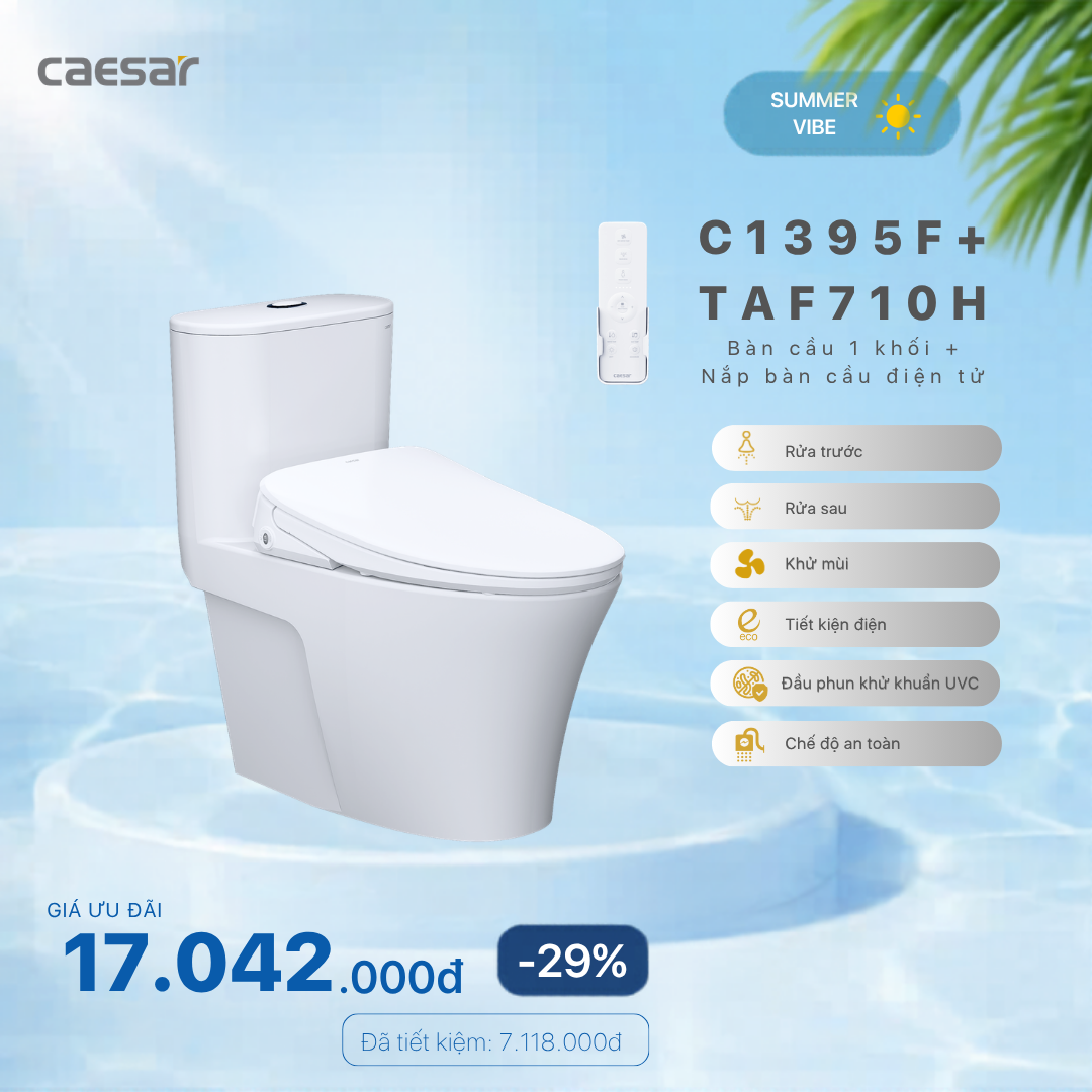 Khuyến mãi ưu đãi - Bàn cầu một khối + Nắp điện tử - C1395F + TAF710H 