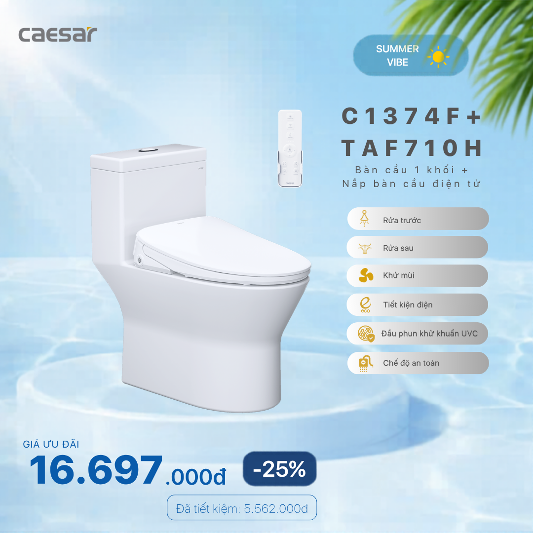  Khuyến mãi ưu đãi - Bàn cầu một khối + Nắp điện tử - C1374F + TAF710H 