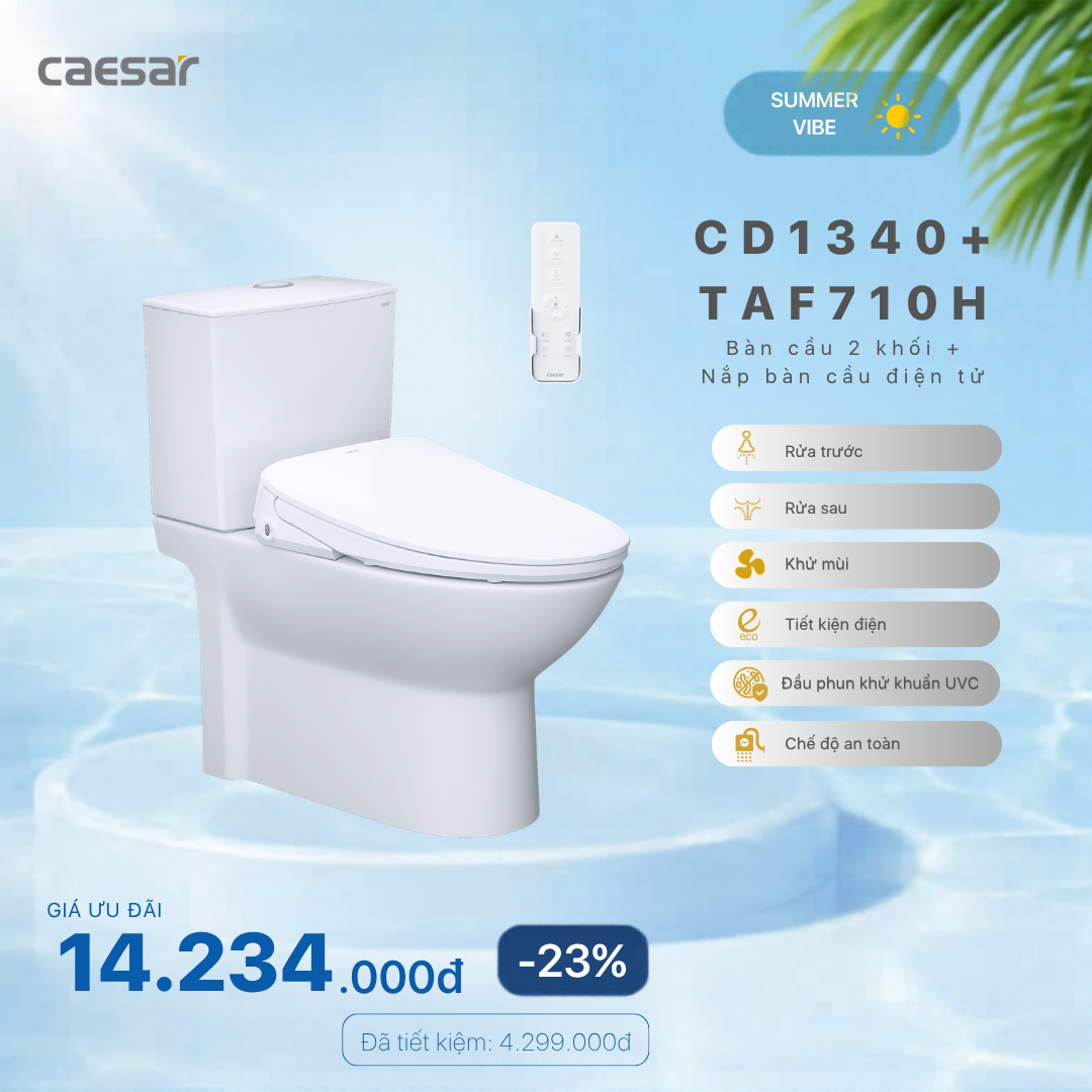  Khuyến mãi ưu đãi - Bàn cầu hai khối + Nắp điện tử - CD1340 + TAF710H 