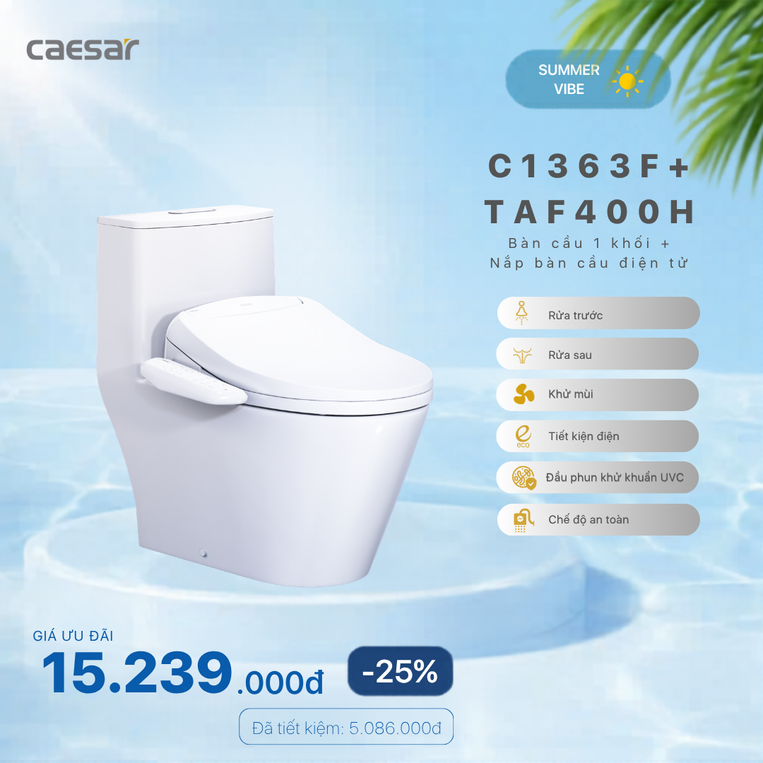  Khuyến mãi ưu đãi - Bàn cầu một khối + Nắp bàn cầu điện tử - C1363F + TAF400H 