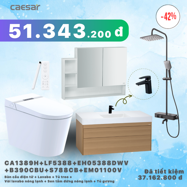  Khuyến mãi - Bàn cầu + lavabo + tủ treo + Vòi nước + Sen Tắm + Tủ Gương - CA1389H + LF5388 + EH05388DWV + B390CBU + S788CB + EM01100V 