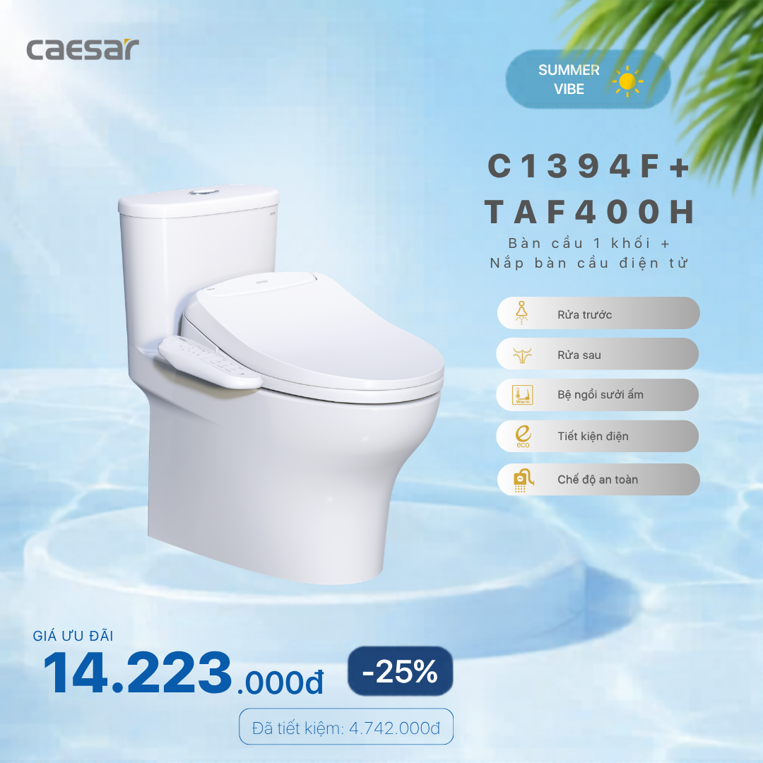  Khuyến mãi ưu đãi - Bàn cầu một khối + Nắp bàn cầu điện tử - C1394F + TAF400H 