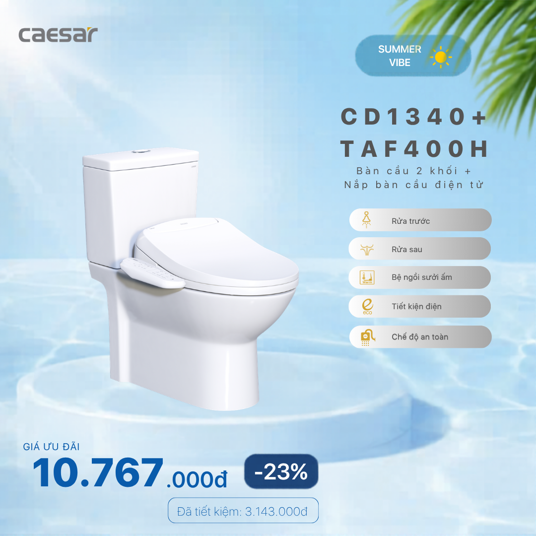  Khuyến mãi ưu đãi - Bàn cầu 2 khối + Nắp bàn cầu điện tử- CD1340 + TAF400H 