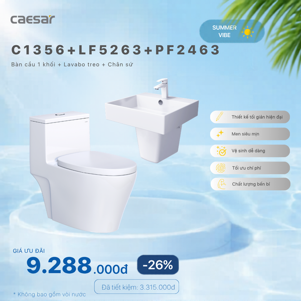  Khuyến mãi ưu đãi - Bàn cầu một khối + Lavabo + Chân treo - C1356 + LF5263 + PF2463 