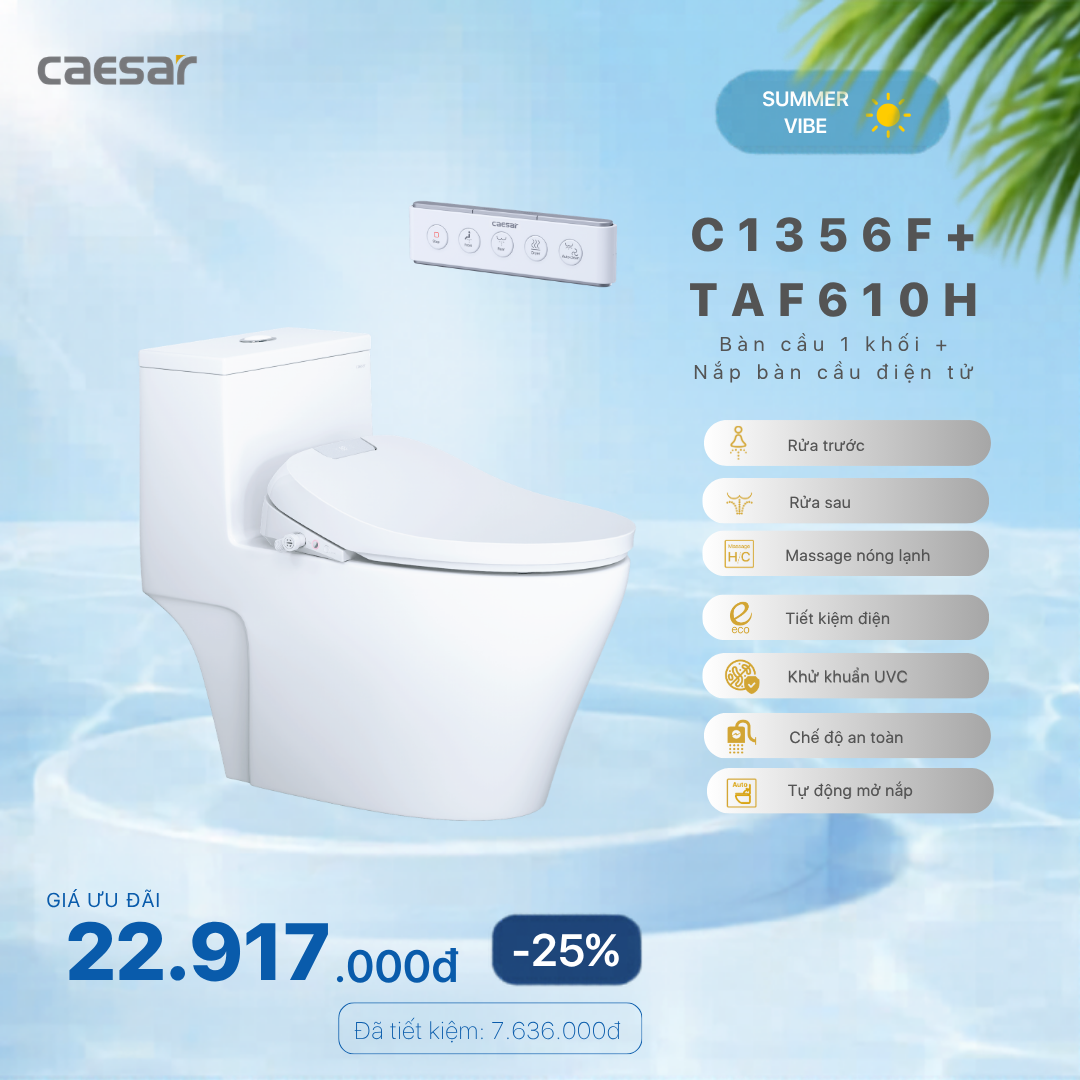  Khuyến mãi ưu đãi - Bàn Cầu một khối + Nắp điện tử - C1356F + TAF610H 