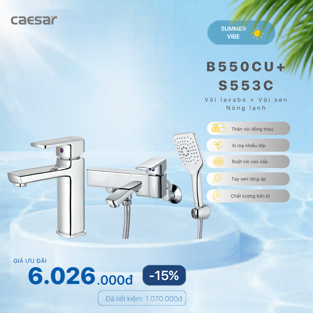  Khuyến mãi ưu đãi - Vòi lavabo Nóng Lạnh + Sen tắm Nóng Lạnh - B550CU + S553C 