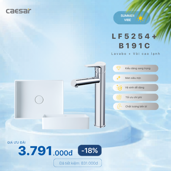  Khuyến mãi ưu đãi - Lavabo Đặt bàn + Vòi lavabo Lạnh Cao  - LF5254 + B191C 
