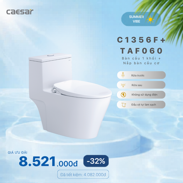  Khuyến mãi ưu đãi - Bàn cầu một khối + Nắp bàn cầu cơ - C1356F + TAF060 