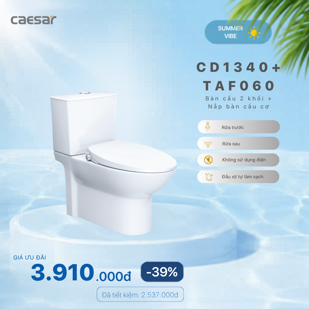  Khuyến mãi ưu đãi - Bàn cầu 2 khối + Nắp Bàn Cầu Cơ - CD1340 + TAF060 