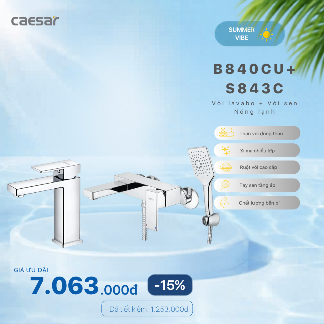  Khuyến mãi ưu đãi - Vòi lavabo Nóng Lạnh + Sen tắm Nóng Lạnh - B840CU + S843C 
