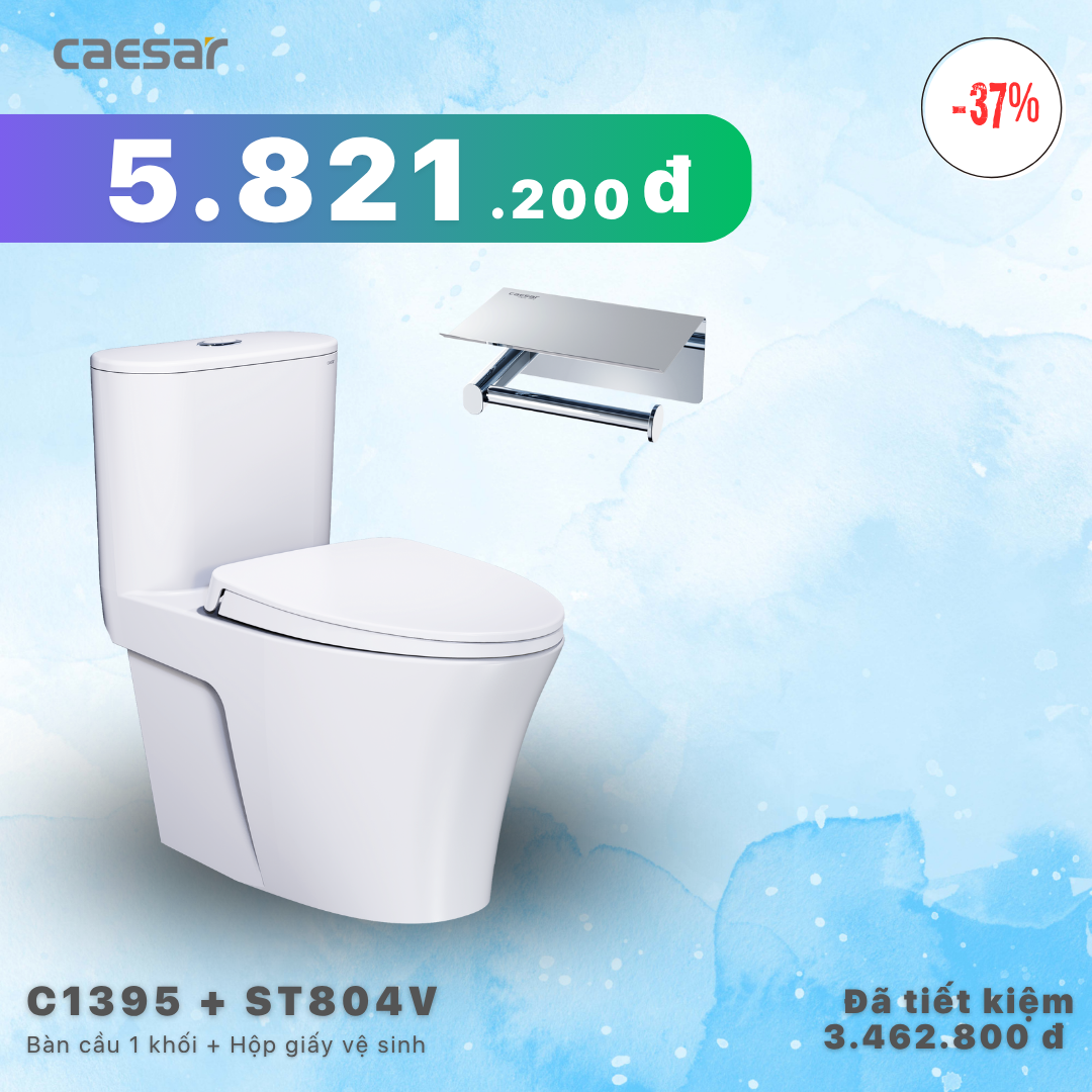  Khuyến mãi ưu đãi Bàn Cầu Một khối + Hộp đựng giấy vệ sinh - C1395 + ST804V 