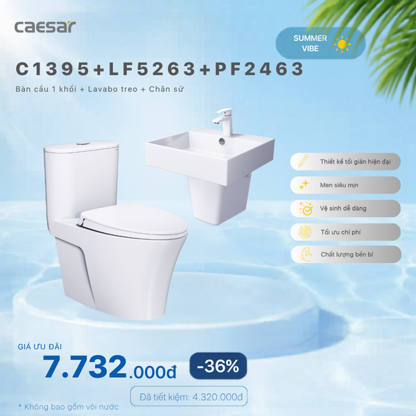 Khuyến mãi ưu đãi - Bàn cầu một khối + Lavabo + Chân treo - C1395 +  LF5263 + PF2463