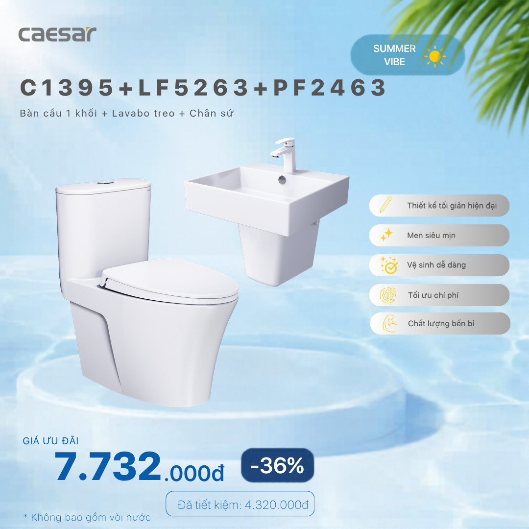  Khuyến mãi ưu đãi - Bàn cầu một khối + Lavabo + Chân treo - C1395 +  LF5263 + PF2463 