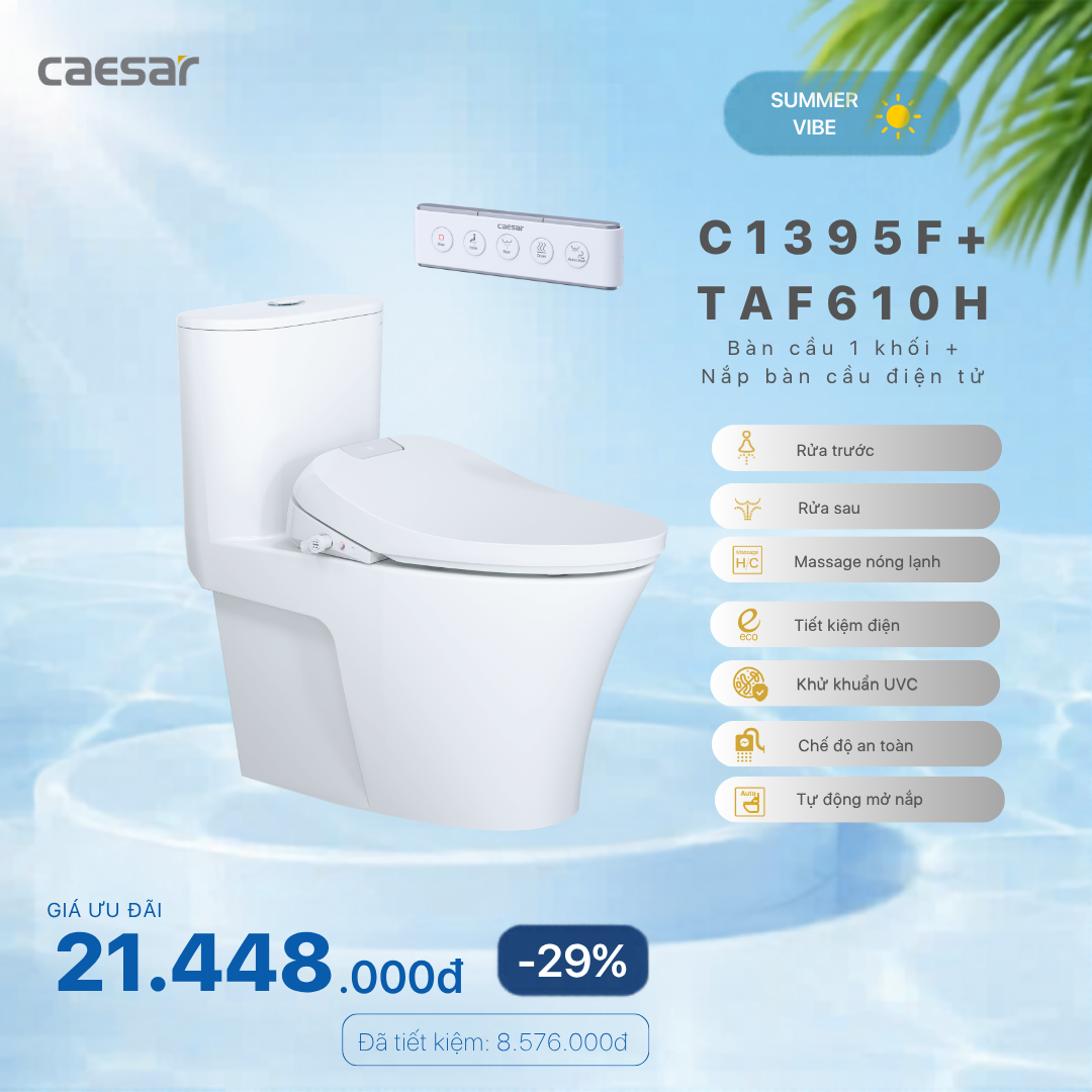  Khuyến mãi ưu đãi- Bàn cầu một khối + Nắp điện tử - C1395F + TAF610H 