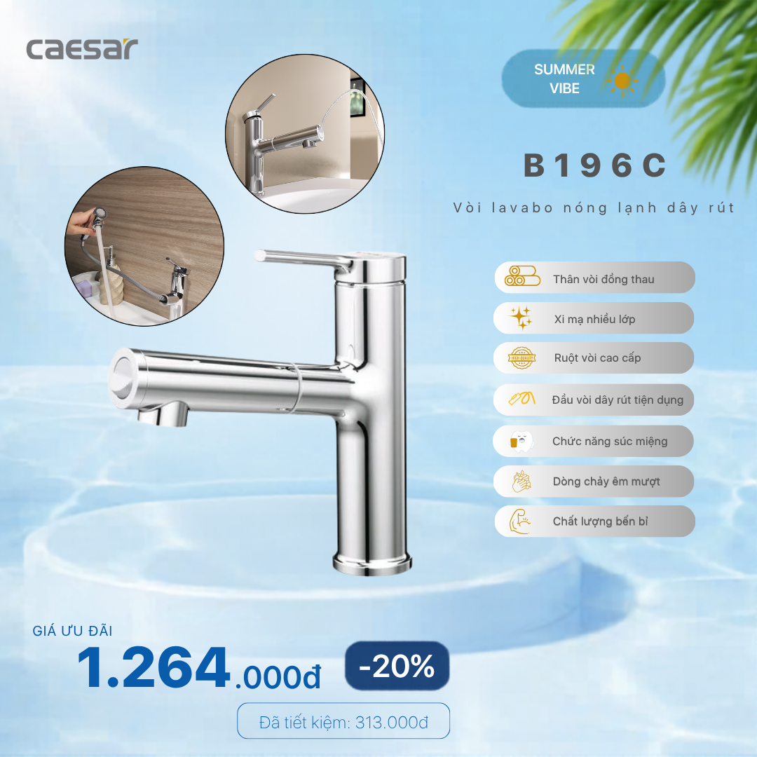  Khuyến mãi ưu đãi - Vòi Lavabo Nóng Lạnh Dây Rút - B196C 