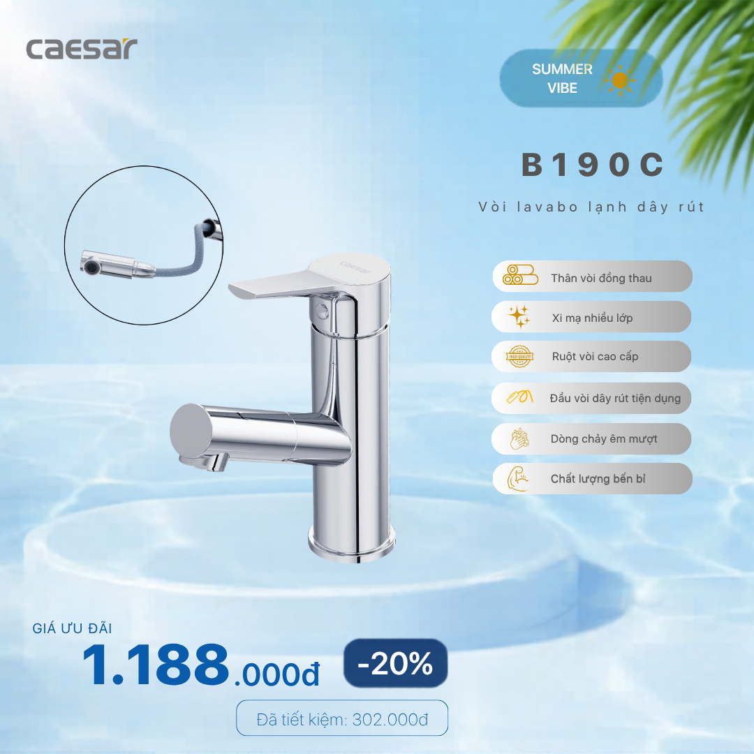  Khuyến mãi ưu đãi Vòi Lavabo Lạnh Dây Rút - B190C 