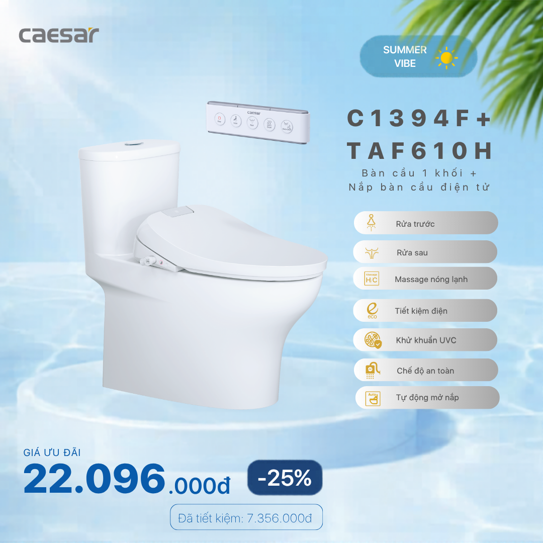  Khuyến mãi ưu đãi - Bàn Cầu Một Khối + Nắp điện tử - C1394F - TAF610H 