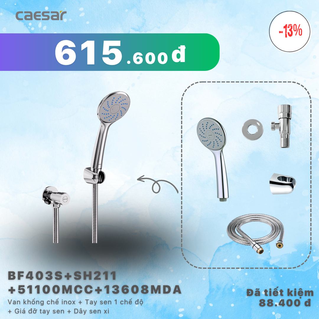  Khuyến mãi ưu đãi - Van khống chế inox + Tay sen xi 1 chế độ + Pát đỡ tay sen xi + Dây sen xi - BF403S + SH211 + 51100MCC + 13608MDA 