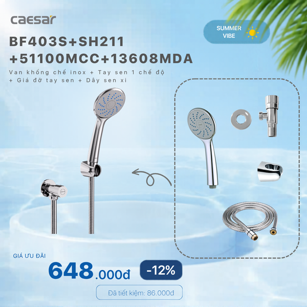 Khuyến mãi ưu đãi - Van khống chế inox + Tay sen xi 1 chế độ + Pát đỡ tay sen xi + Dây sen xi - BF403S + SH211 + 51100MCC + 13608MDA