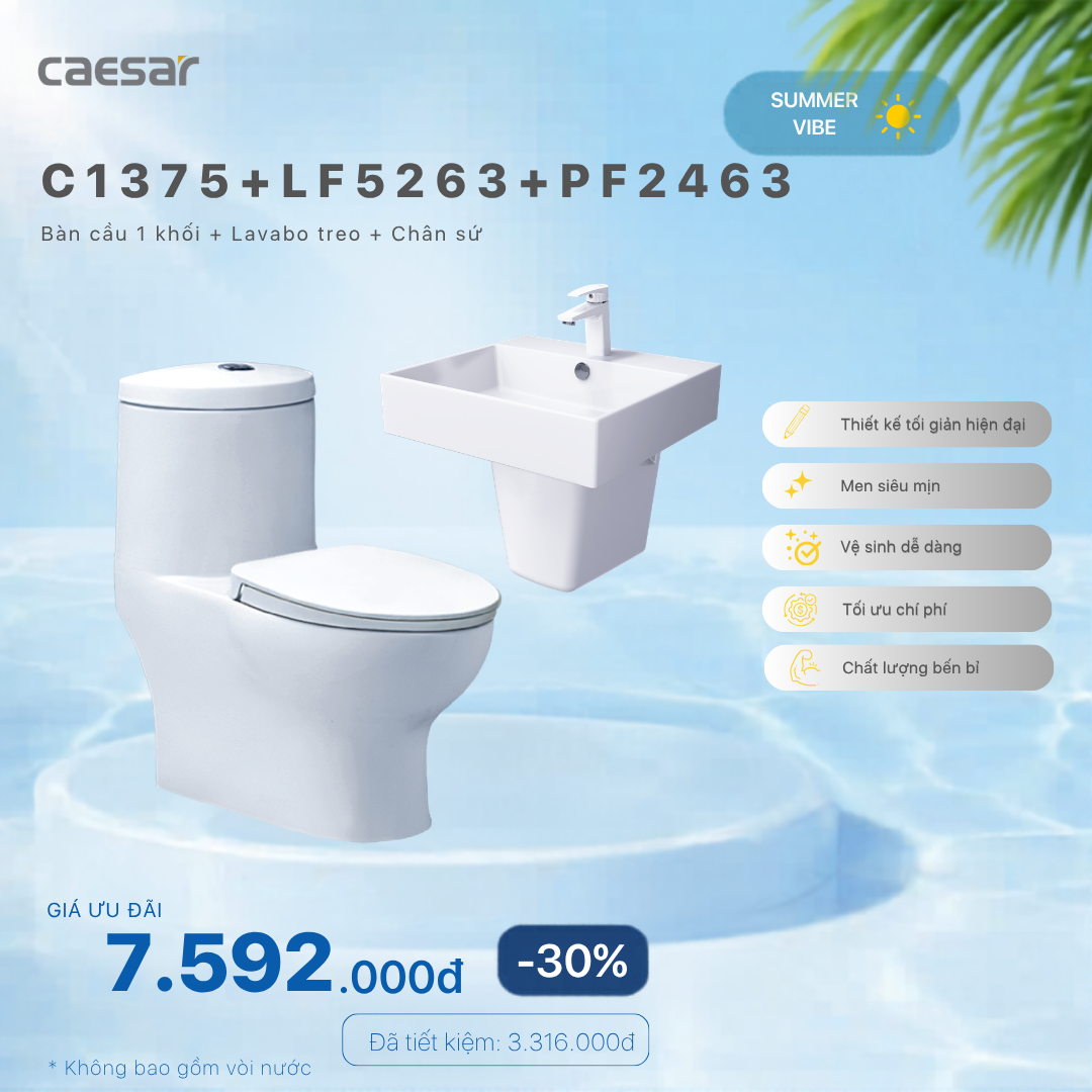  Khuyến mãi ưu đãi - Bàn cầu một khối + Lavabo + Chân treo - C1375 + LF5263 + PF2463 