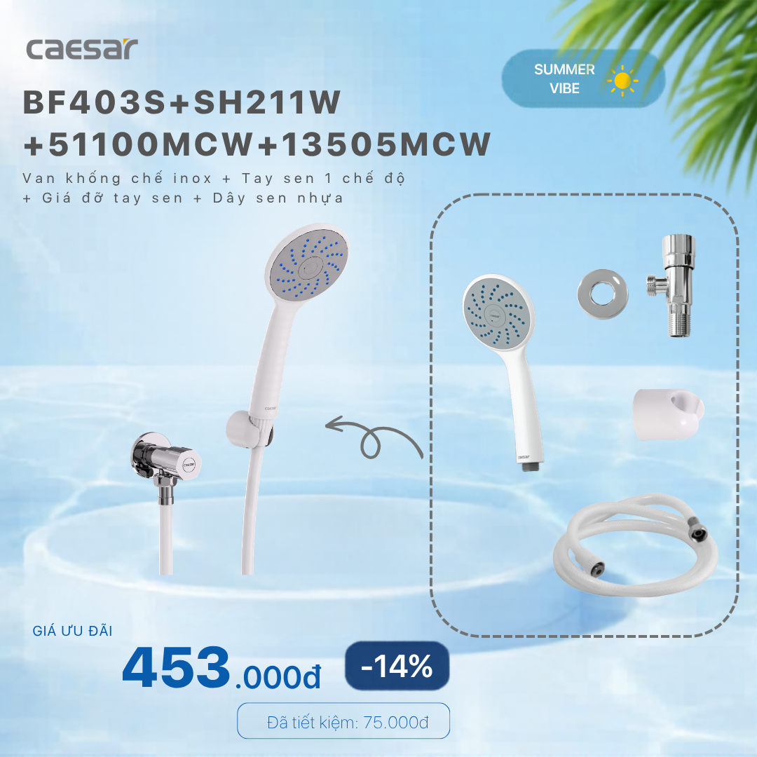  Khuyến mãi ưu đãi - Van khống chế inox + Tay sen nhựa 1 chế độ + Pát đỡ tay sen + Dây sen nhựa - BF403S + SH211W + 51100MCW + 13505MCW 