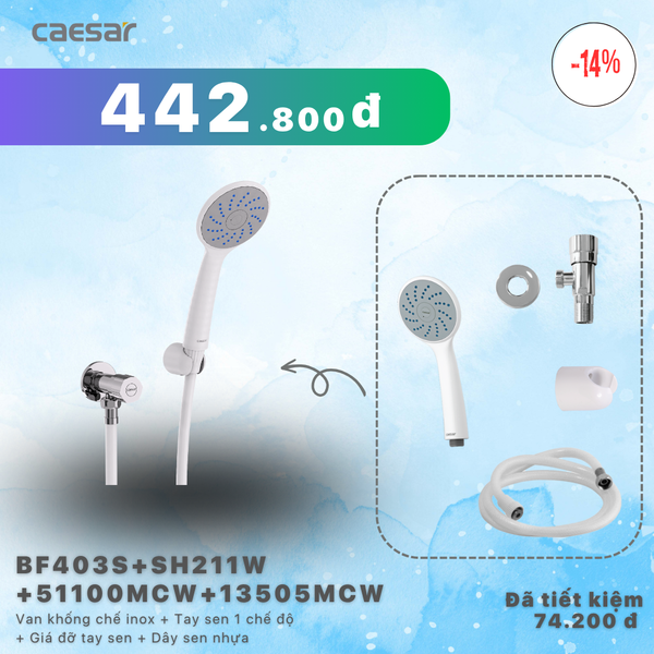 Khuyến mãi ưu đãi - Van khống chế inox + Tay sen nhựa 1 chế độ + Pát đỡ tay sen + Dây sen nhựa - BF403S + SH211W + 51100MCW + 13505MCW