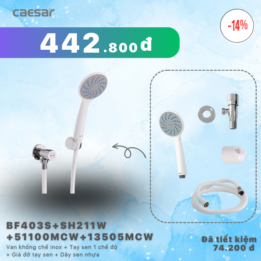  Khuyến mãi ưu đãi - Van khống chế inox + Tay sen nhựa 1 chế độ + Pát đỡ tay sen + Dây sen nhựa - BF403S + SH211W + 51100MCW + 13505MCW 