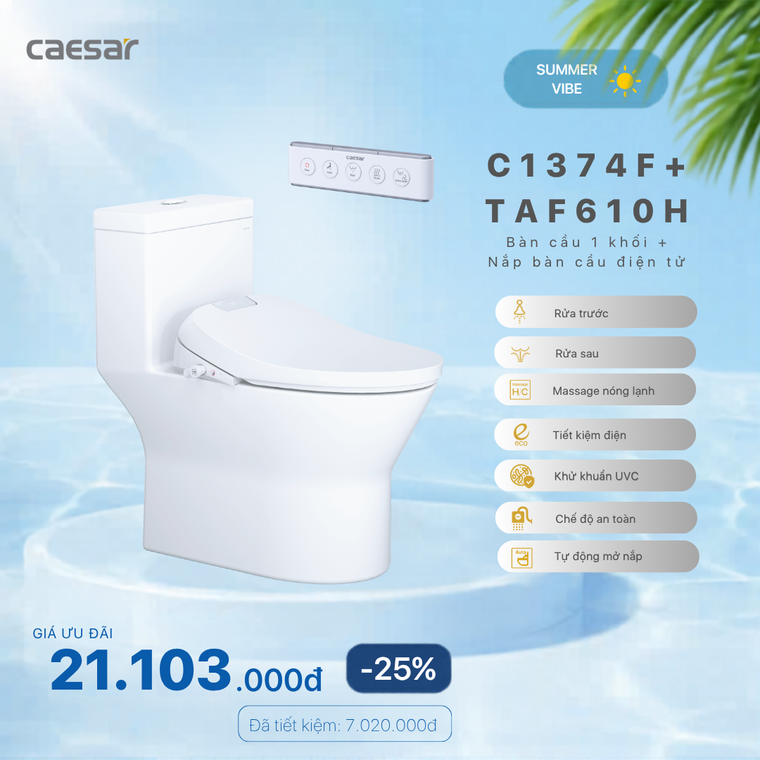  Khuyến mãi ưu đãi - Bàn cầu một khối + Nắp điện tử - C1374F + TAF610H 