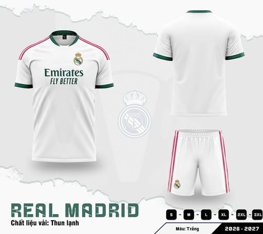 Bộ Quần Áo Bóng Đá CLB Real Madrid 2026/2027 Sân Nhà Màu Trắng