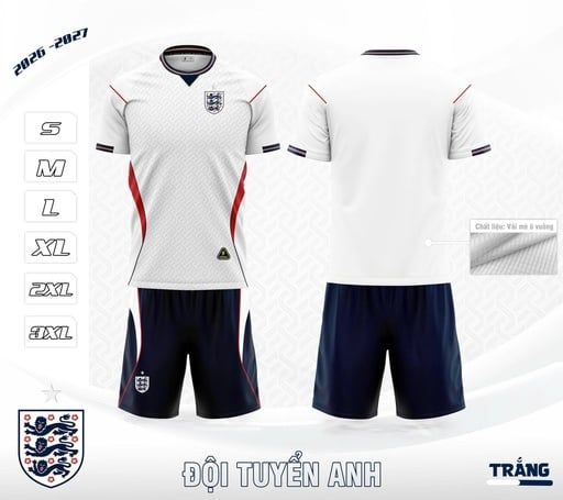 Quần Áo Bóng Đá ĐT Anh WC 2026 Màu Trắng - Vải Mè Gai Cao Cấp