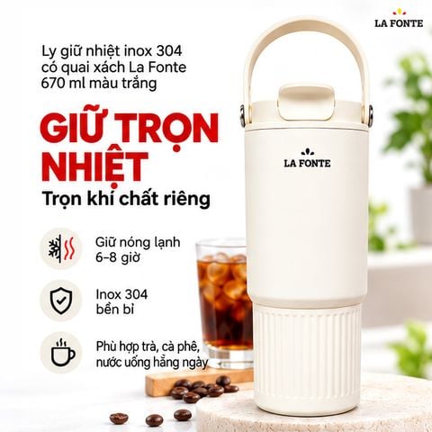  Ly Giữ Nhiệt 670ml Inox 304 Có Quai Xách La Fonte Màu Trắng 