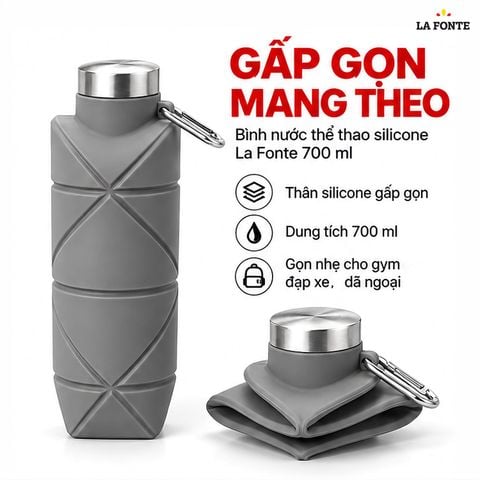  Bình Nước Thể Thao Gấp Gọn Silicone La Fonte 700 ml - Xám 
