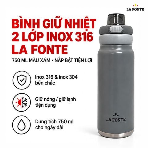  Bình Giữ Nhiệt 2 Lớp Inox La Fonte 750 ml Màu Xám – Nắp Bật Tiện Lợi 