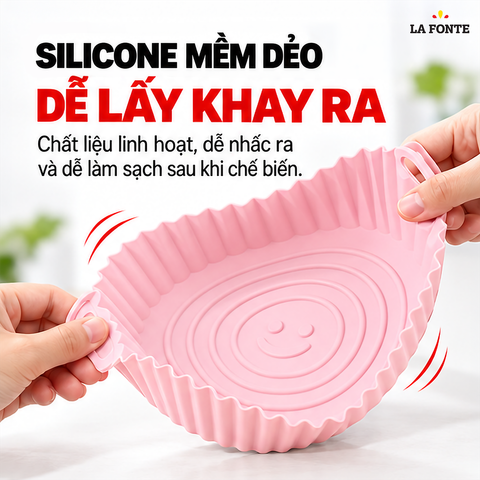 Khay Silicone La Fonte Dùng Cho Nồi Chiên Không Dầu, Hình Tròn (20 x 17 x 6.5 cm), Màu Hồng – Chống Dính Chịu Nhiệt 