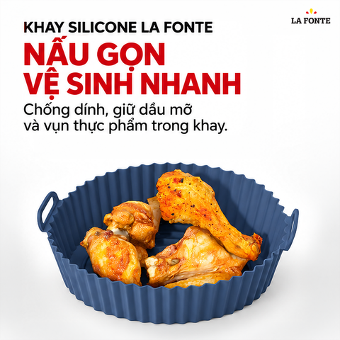  Khay Silicone La Fonte Dùng Cho Nồi Chiên Không Dầu, Hình Tròn (20 x 17 x 6.5 cm), Màu Xanh Dương – Chống Dính Chịu Nhiệt 