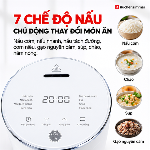  Nồi Cơm Điện Tách Đường Kuchenzimmer 2 L – Đa Năng Với 8 Chế Độ 