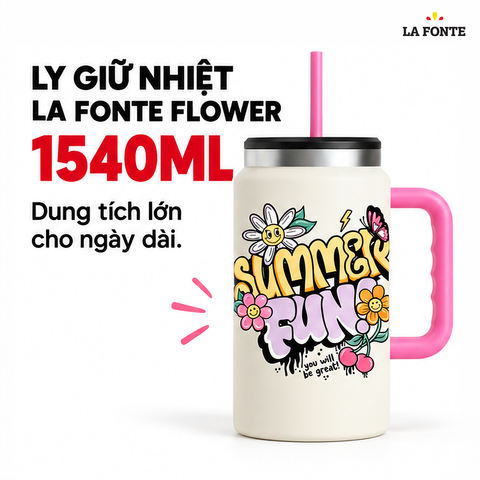  Ly Giữ Nhiệt Flower Kèm Ống Hút Inox 304 La Fonte 1540 ml Màu Trắng Phối Hồng – Tay Cầm Kèm Ống Hút 