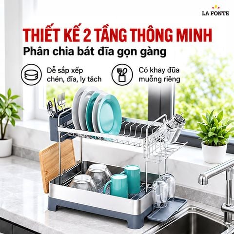  Kệ Úp Bát Dĩa Hai Tầng La Fonte Có Khay Thoát Nước – Tiện Dùng Hằng Ngày 