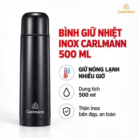  Bình Giữ Nhiệt Inox Carlmann 500 ml Màu Đen – Giữ Nóng Lạnh Tiện Lợi 