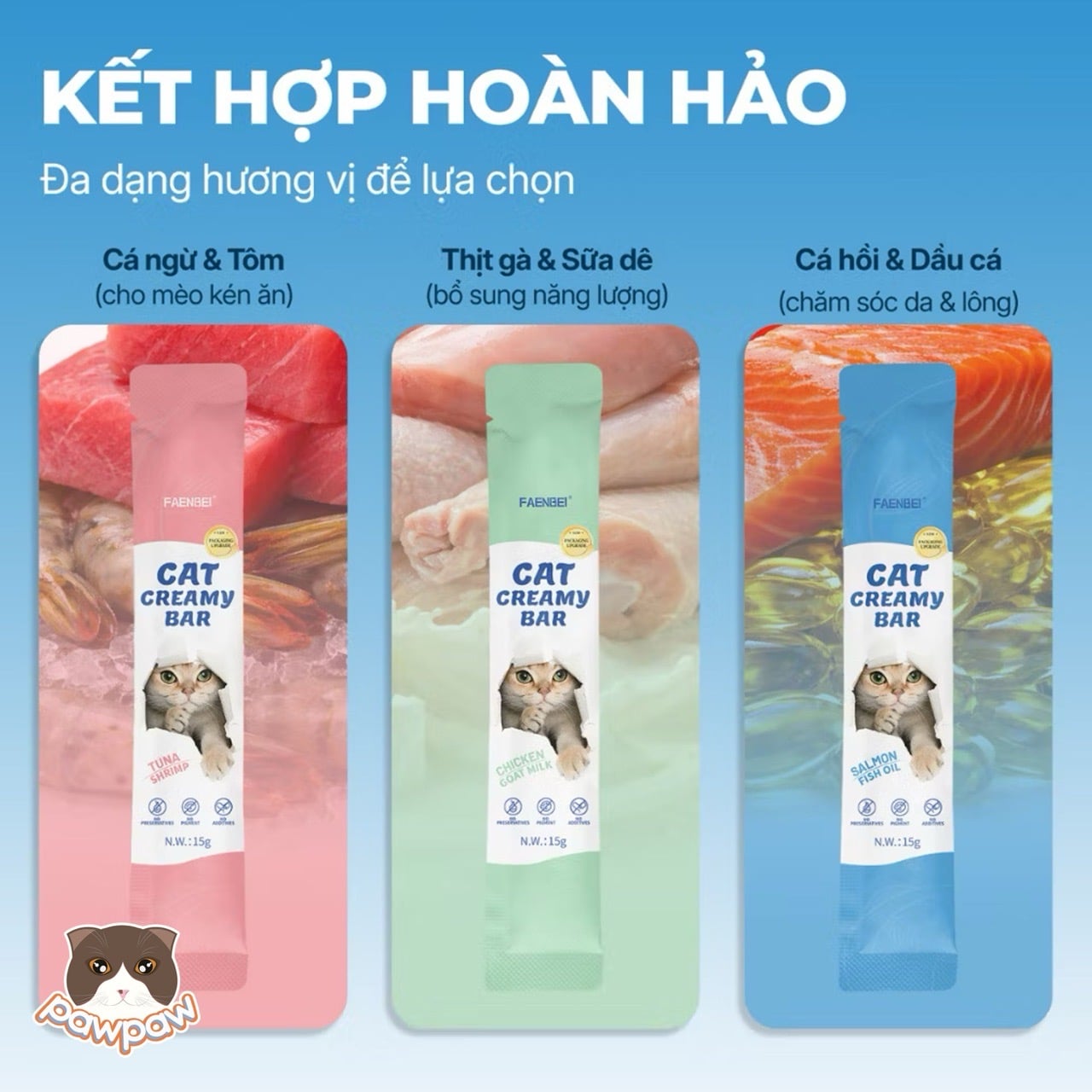  Thức ăn hỗn hợp hoàn chỉnh súp thưởng cho mèo ở mọi lứa tuổi dạng kem FAENBEI 15g ( gói 4 thanh ) 