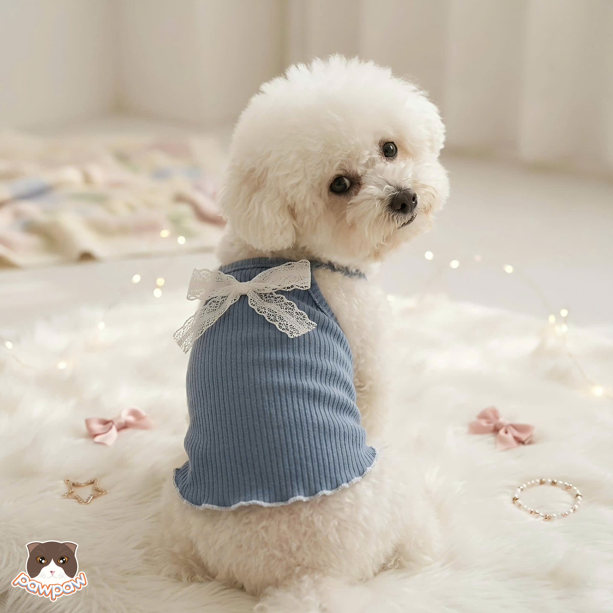  Áo 2 dây xanh / hồng nơ trắng 